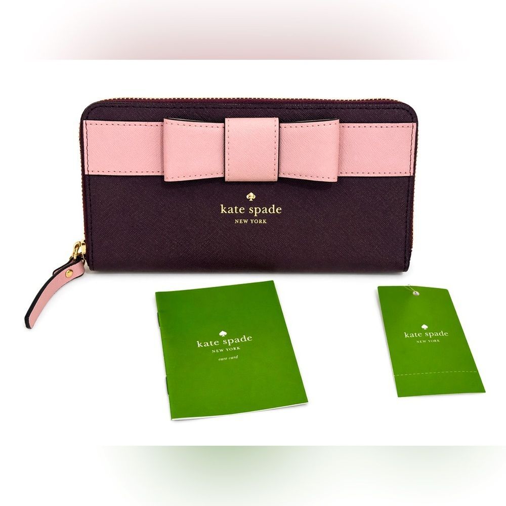 Kate Spade Bow Zip Around Leather Long Wallet Burgundy Pink Wristlet Clutch NWT